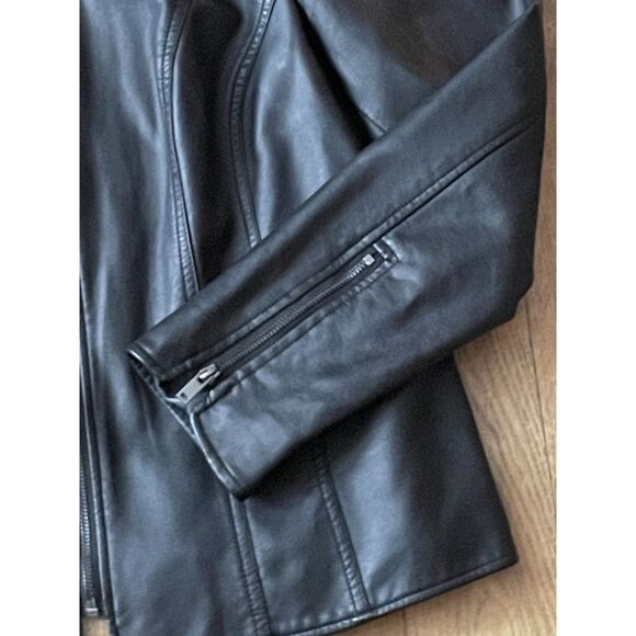 Alfani Black Faux Leather Jacket Women’s L Zip Front Velvet Trim Moto Style - Picture 6 of 13
